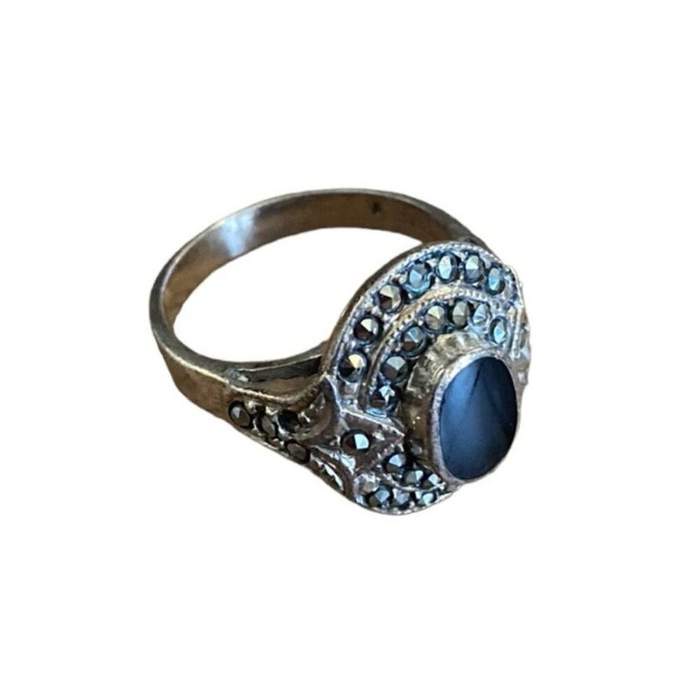 Vintage Sterling Silver Onyx & Marcasite Deco Revival Ring – 1980s Neiman Marcus
